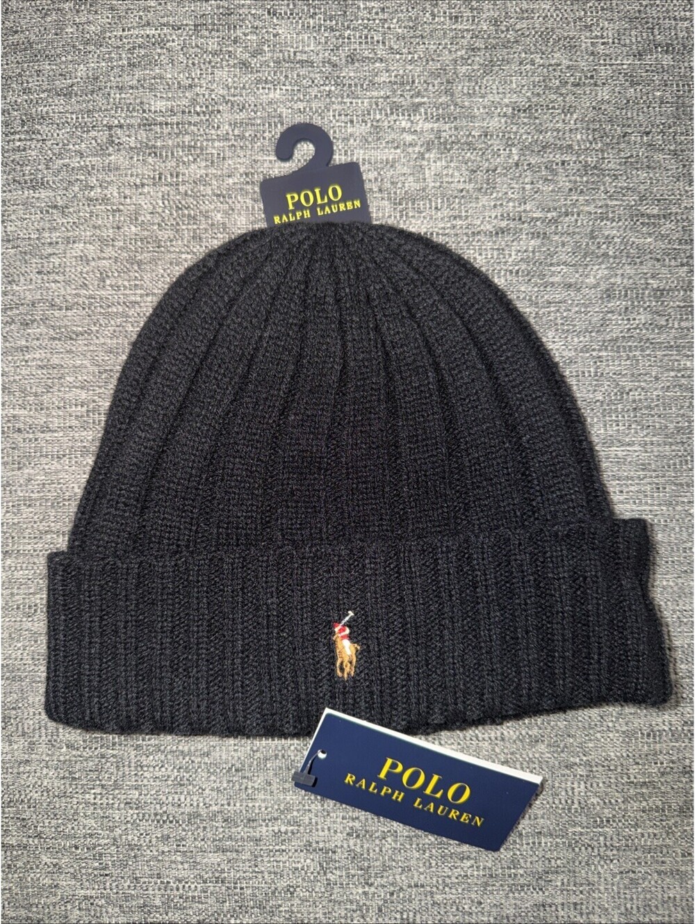 Polo Ralph Lauren Black Cuff Merino Wool Signature Pony knit Beanie Hat NWT $58